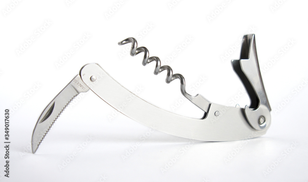 open corkscrew and knife folding on a white background for wine and other beverages accessory open corkscrew and knife folding on a white background for wine and other beverages accessory