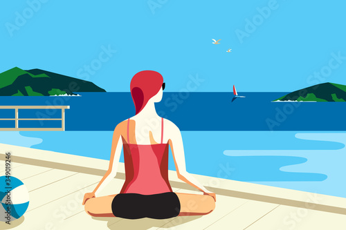 Girl practice yoga in resort swimming pool vector