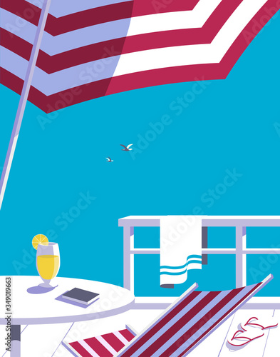 Swimming pool in seashore resort flat color vector