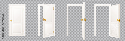 Closed and open classical white interior door set, isolated on transparent background. Vector illustration photo