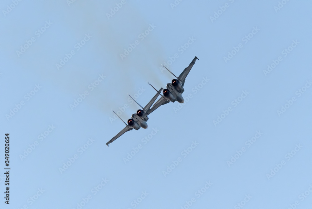 Moscow Russia Zhukovsky Airfield 31 August 2019: aerobatic Su-30 perfoming demonstration flight of the international aerospace salon MAKS-2019 Moscow Russia Zhukovsky Airfield 31 August 2019: aerobatic Su-30 perfoming demonstration flight of the international aerospace salon MAKS-2019