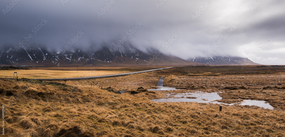 Icelandic nature countryside with moss on land, and snow mountains in spring