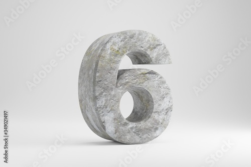 Stone 3d number 6. Rock textured number isolated on white background. 3d rendered stone font character.