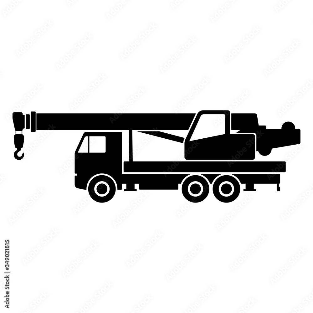 Truck crane icon. Black silhouette. Side view. Vector graphic illustration. Isolated object on a white background. Isolate.