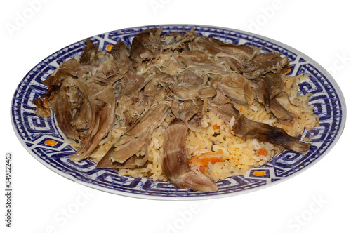 Kabsa with cooked meats in white background - Mandi Rice Kabsah with Meats - Mandi Meats