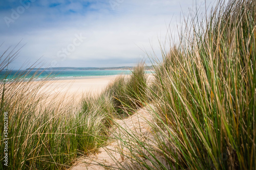 Grass and sand at the beach of Carbis Bay near St. Ives in Cornwall  UK