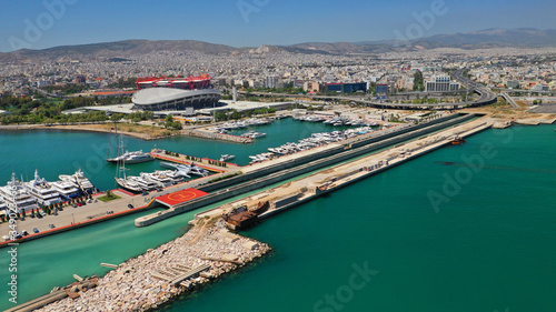 Aerial drone top view photo of luxury boats docked in Athens Marina near Faliro, Piraeus, Attica, Greece © aerial-drone