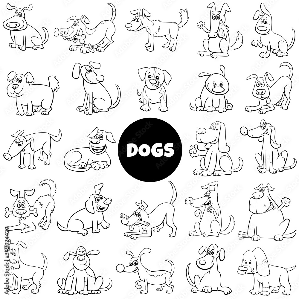 black and white cartoon dog characters big set