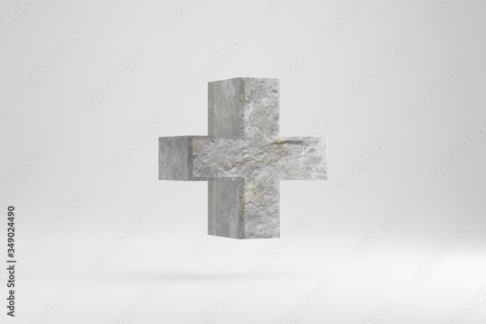 Obraz premium Stone 3d plus symbol. Rock textured sign isolated on white background. 3d rendered stone font character.