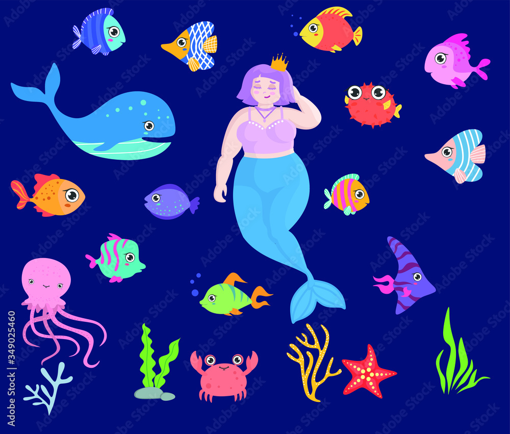 Obraz premium Vector set with sea animals and a plus size mermaid. Illustration of the underwater world with a plus size mermaid with pink hair.