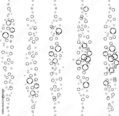 Underwater fizzing air, water or oxygen bubbles on white background. Undersea vector texture. Underwater fizzing air bubbles stream on white background.  Champagne. Effervescent drink. 