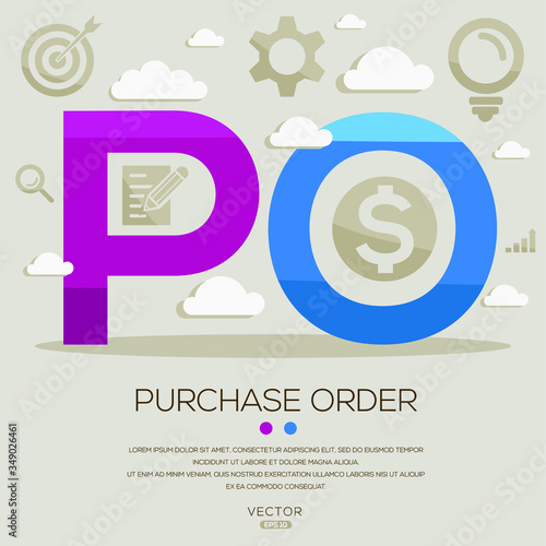 PO (purchase order), letters and icons. Vector illustration.