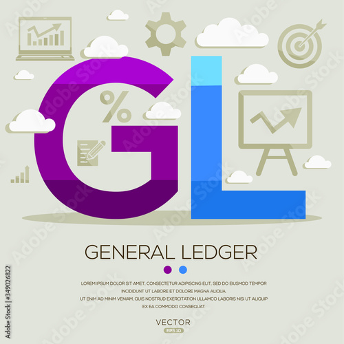GL (general ledger), letters and icons. Vector illustration.