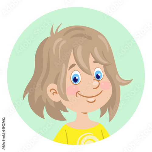 Portrait of a little cute girl.  Avatar icon in the circle. In cartoon style. Isolated on white background. Vector  flat illustration.