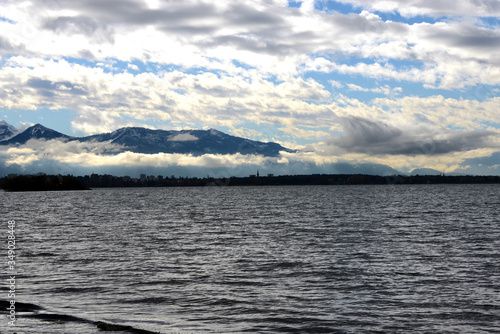 View over Lake Constance from Lindau to the Swiss and Austrian alps 