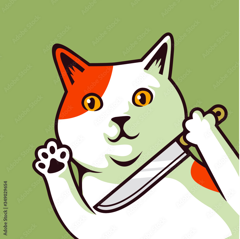 Cute Cat Cartoon Curious Peeking Kitten Say Hi Holding Knife Vector