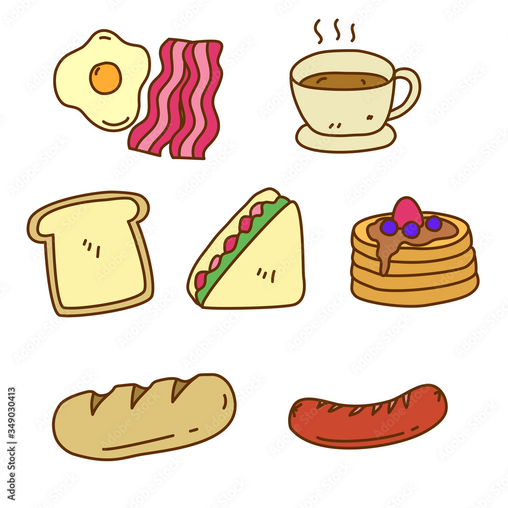 Set of breakfast vector illustration in cute hand drawn style Set of breakfast vector illustration in cute hand drawn style