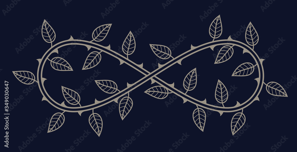 Vector symbol of endless love. Roses with thorns and leaves. Blue background.