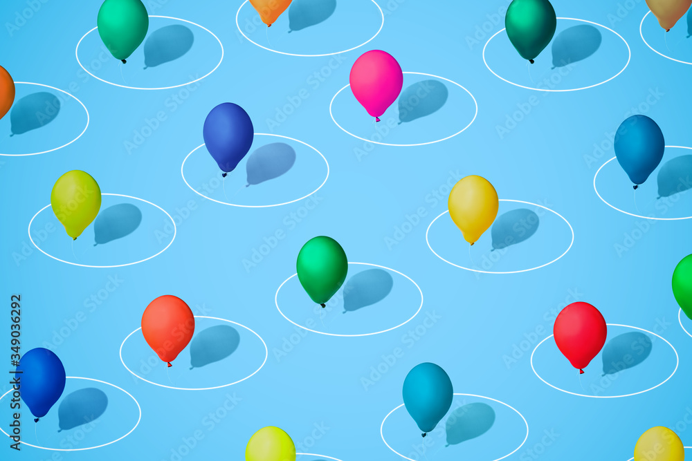 Multicolored balloons as a symbol of heterogeneity of society in a white circle as a symbol of personal space. Social distancing prevention corona virus modern isometric style