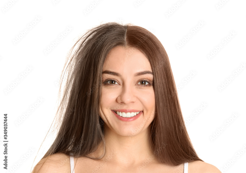 Portrait of beautiful woman before and after hair coloring on white background Portrait of beautiful woman before and after hair coloring on white background