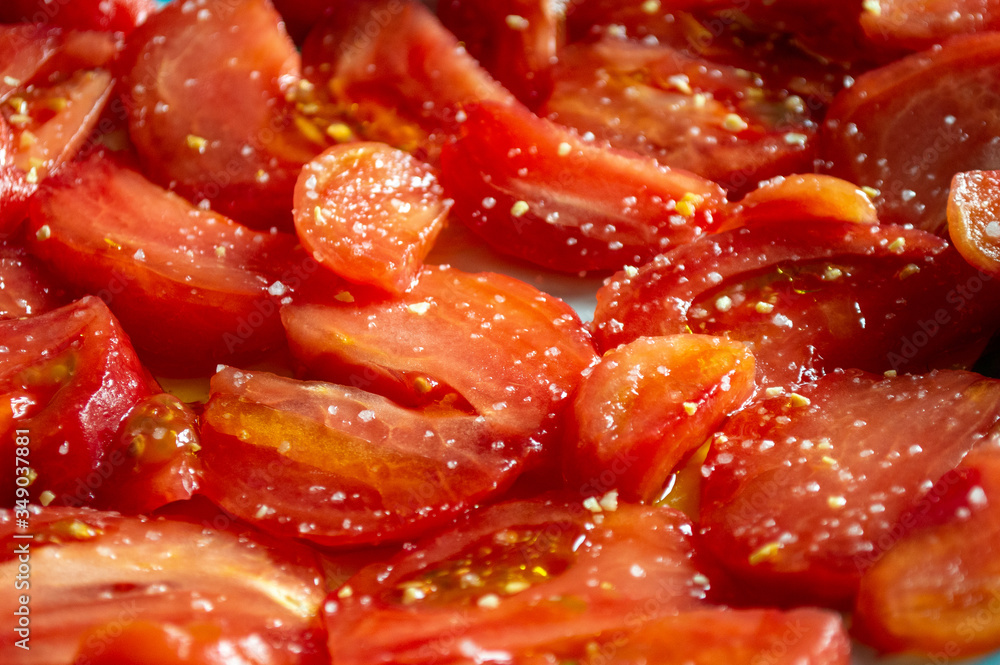 Close-up of tomato salad with olive oil and salt Close-up of tomato salad with olive oil and salt