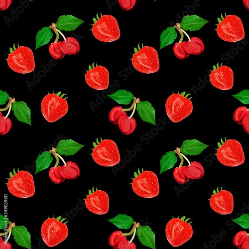 gouache seamless pattern with fruits and berries cherry and strawberry on a black background  vegetarian pattern for diet  healthy eating. Use as restaurant menu  packaging  product design textile