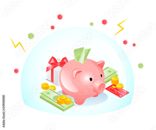 Isometric Money Protection Concept. Money box With Gold Coins, Credit Card, Gift Box, Dollar Banknotes, Sphere Like A Shield. Website Landing Page. Web Page Cartoon Linear Outline Vector Illustration