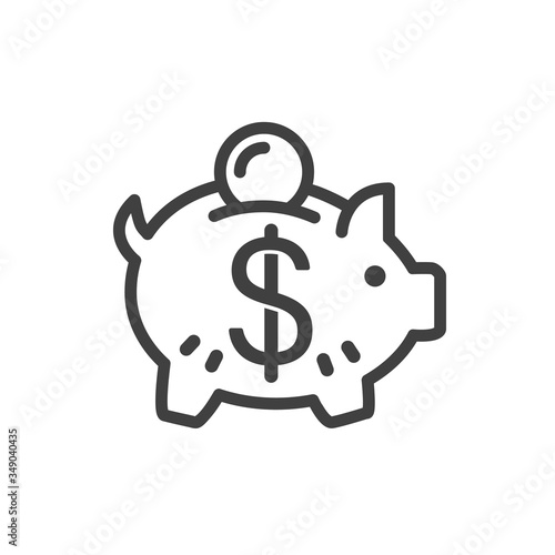 Piggy bank vector outline icon. Save money financial business concept illustration. Safe fund box with pig and coin linear sign. Stroke dollar piggybank for debt button design isolated on white.