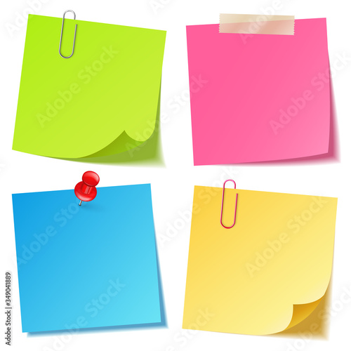 Realistic colorful blank sticky notes with clip binder. Colored sheets of note papers. Paper reminder. Vector illustration.