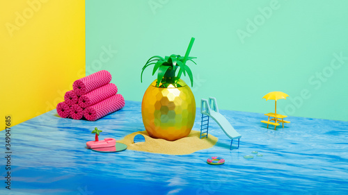 Happy Pineapple Cocktail on Sandy Island with Water Slide and Floaties Horizontal (ID: 349047685)