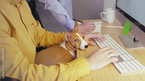 Man working computer at home in self isolation quarantine. Cute little puppy dog sitting on his lap and working together living room