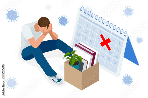 Isometric dismissal, severance, termination in case. Economic crisis caused by coronavirus. Unemployment, jobless and employee job reduction metaphor.