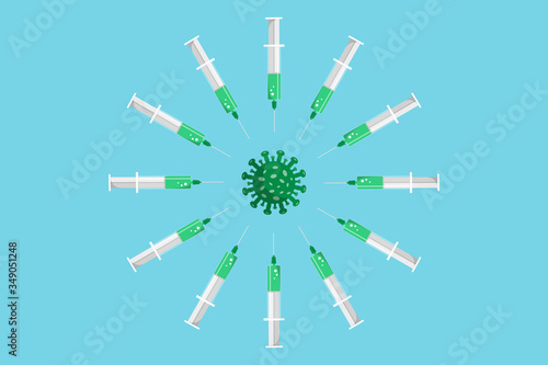 Syringe with green vaccine around bacteria on blue background. Stock vector illustration in flat style