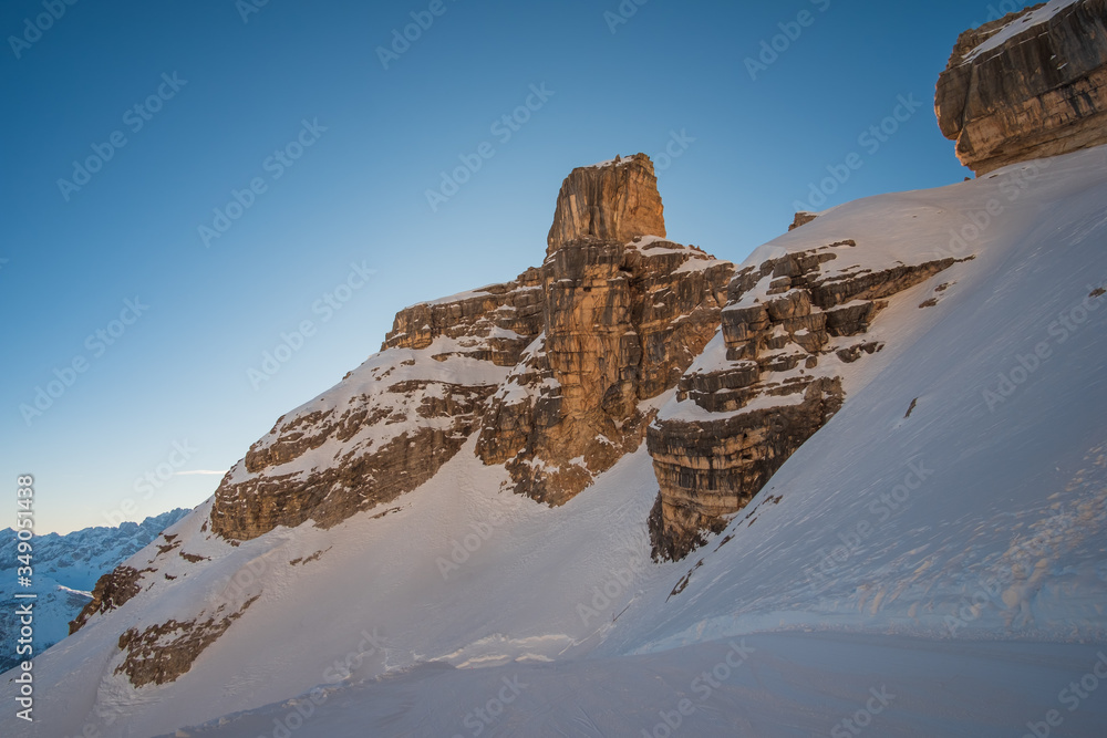 Beautiful Winter Landscape in the Italian Dolomites. Tofana di Rozes with the Cinque Torri group. Cortina d'Ampezzo, Veneto. Italy. January 2020