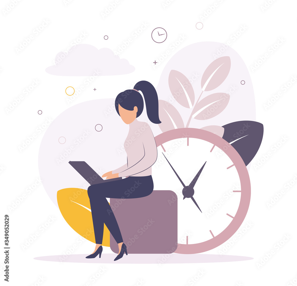 Time management. Illustration of a woman working on a laptop near the big clock, on the background of leaves, watches, clouds, circles. Image of a girl sitting with a laptop near the big clock Time management. Illustration of a woman working on a laptop near the big clock, on the background of leaves, watches, clouds, circles. Image of a girl sitting with a laptop near the big clock