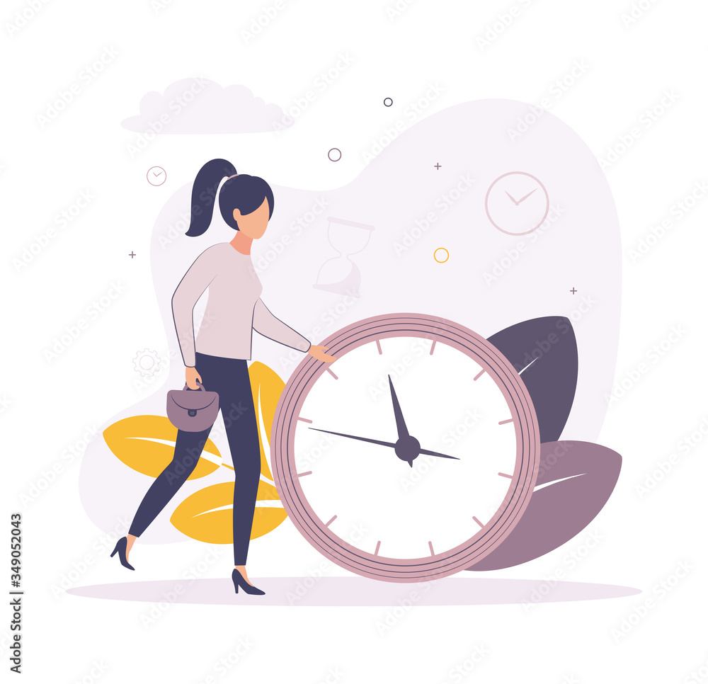 Time management. Illustration of a woman with a bag in her hands running near the big clock with a dial, on the background of leaves, hourglass, clouds