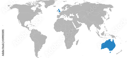 United kingdom, Australia countries isolated on world map. Light gray background. Business concepts, diplomatic, trade, industry, sport and transport relations.