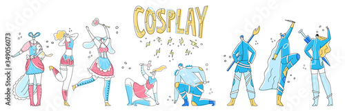 Vector flat illustration young women and men dressed up as superheroes who fight against background of lettering cosplay. Concept costume, role playing games, fan clubs, entertainment, creativity.