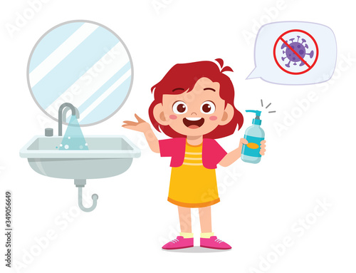 happy cute little kid girl wash hand in sink