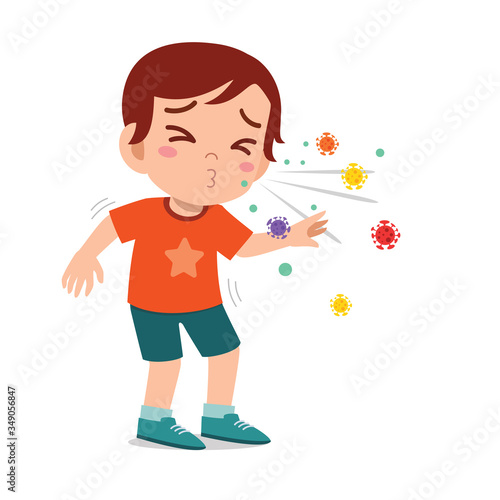 sad cute little kid boy sneeze because of flu