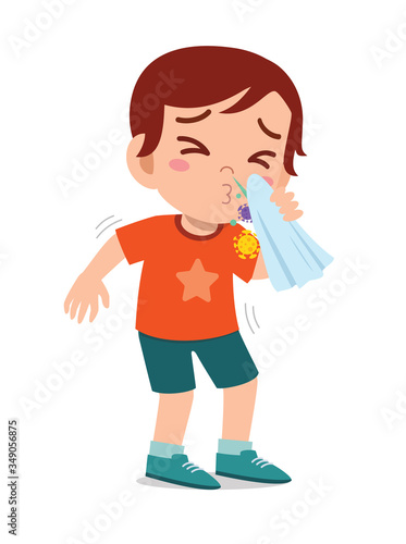 sad cute little kid boy sneeze because of flu