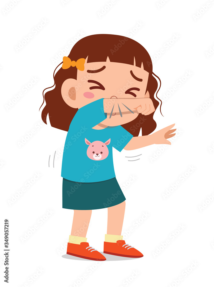 sad cute little kid girl sneeze because of flu