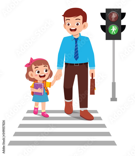 happy cute little kid girl cross the road with father