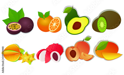 Fototapeta Naklejka Na Ścianę i Meble -  Vector set of fruits. Mango, orange, carambola, lychee, kiwi, mango, avocado, peach