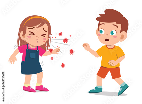 cute little kid boy run from sneeze friend