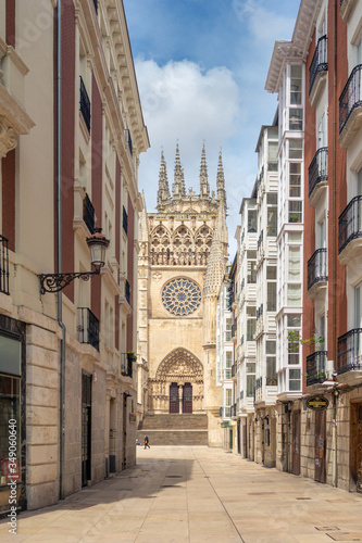 Street in the Spanish city of Burgos with its Gothic cathedral in the background