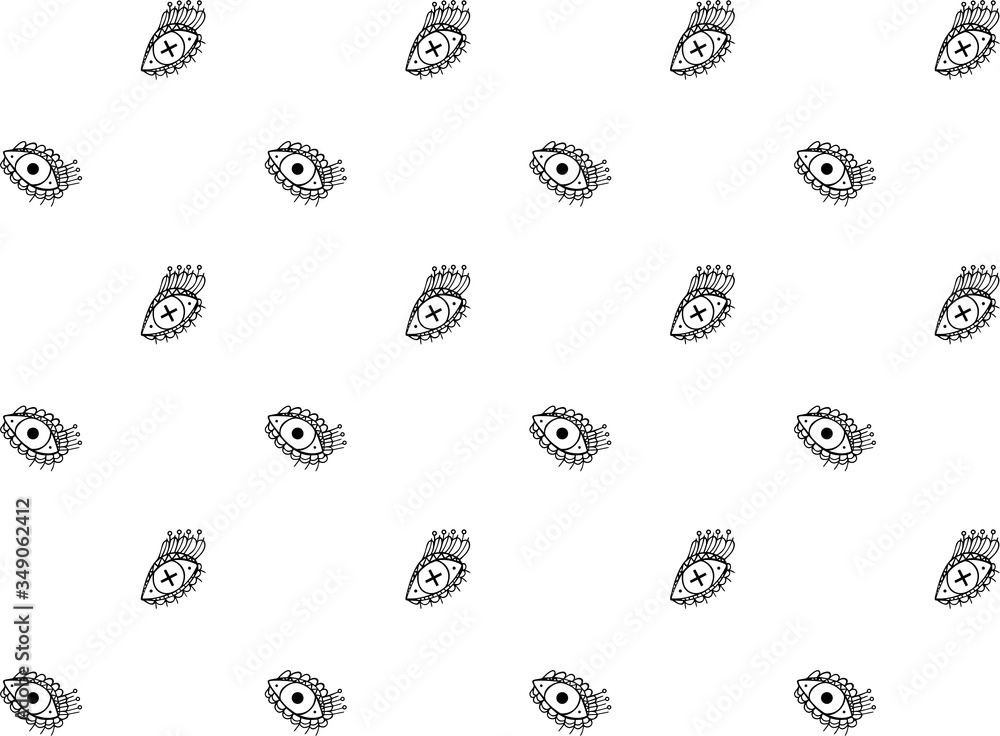 Seamless pattern of stylized black contour divine all-seeing eyes with crosses and circles in the pupils on a white background. Hand drawing. Vector. Seamless pattern of stylized black contour divine all-seeing eyes with crosses and circles in the pupils on a white background. Hand drawing. Vector.