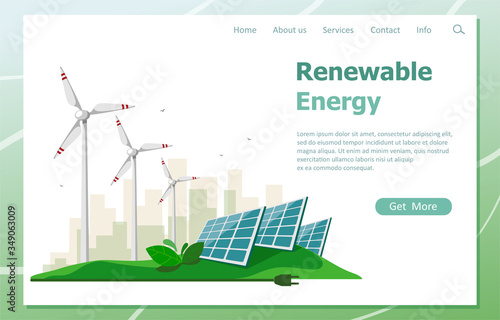 The concept of renewable energy from the sun and wind turbines. Landing page of green energy resources. Vector illustration 