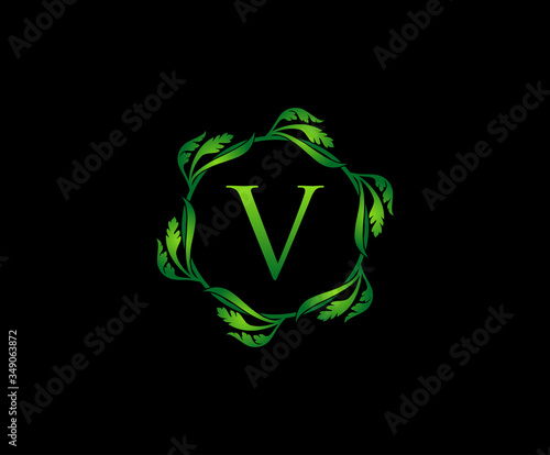 Green Leaf Letter V Round Logo Design. monogram logo. Simple Swirl Green Leaves Alphabet Icon.