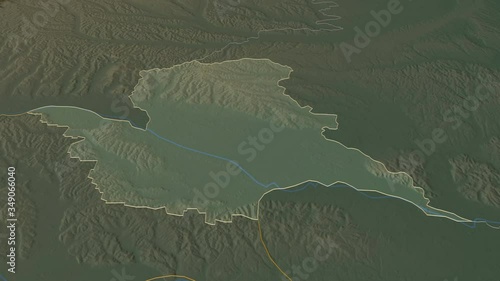 Pomurska, statistical region with its capital, zoomed and extruded on the relief map of Slovenia in the conformal Stereographic projection. Animation 3D photo